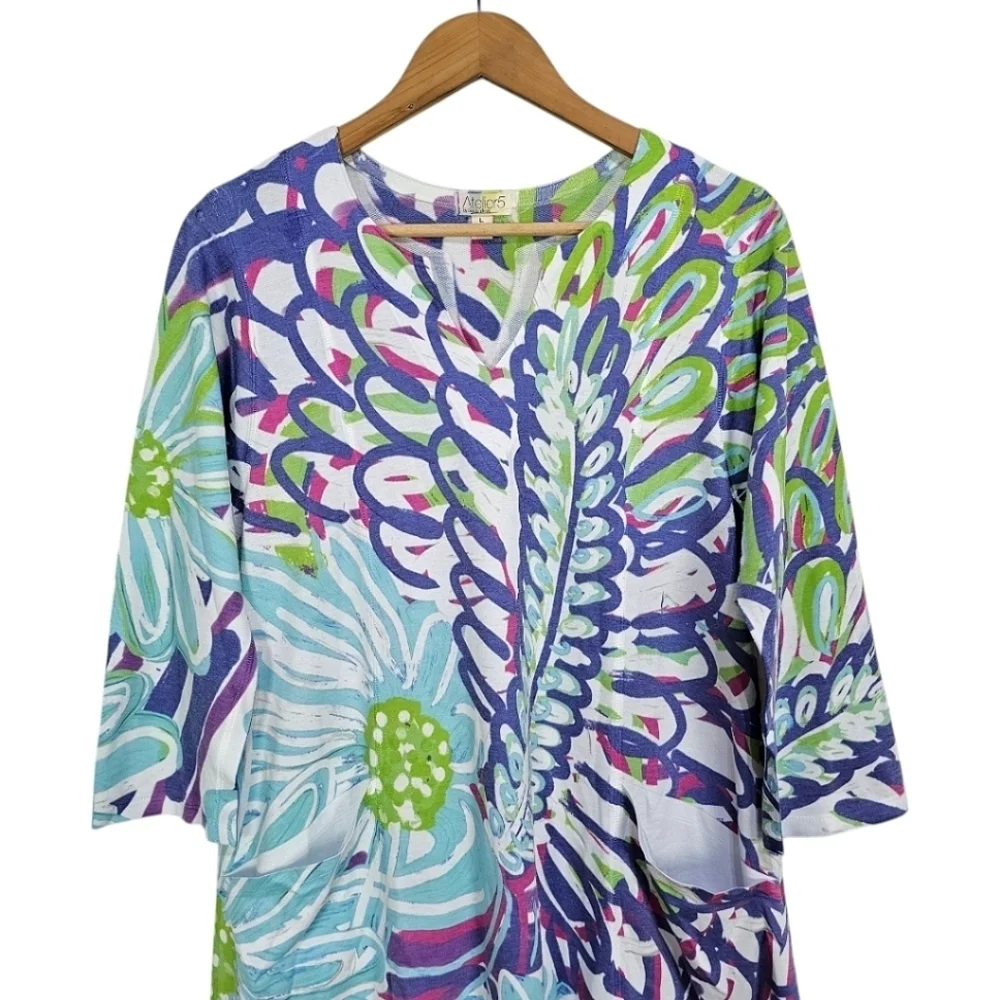 Atelier 5 By Gozde Yilmaz Colorful Floral Shift Dress Sz Large Blue Unique Basic